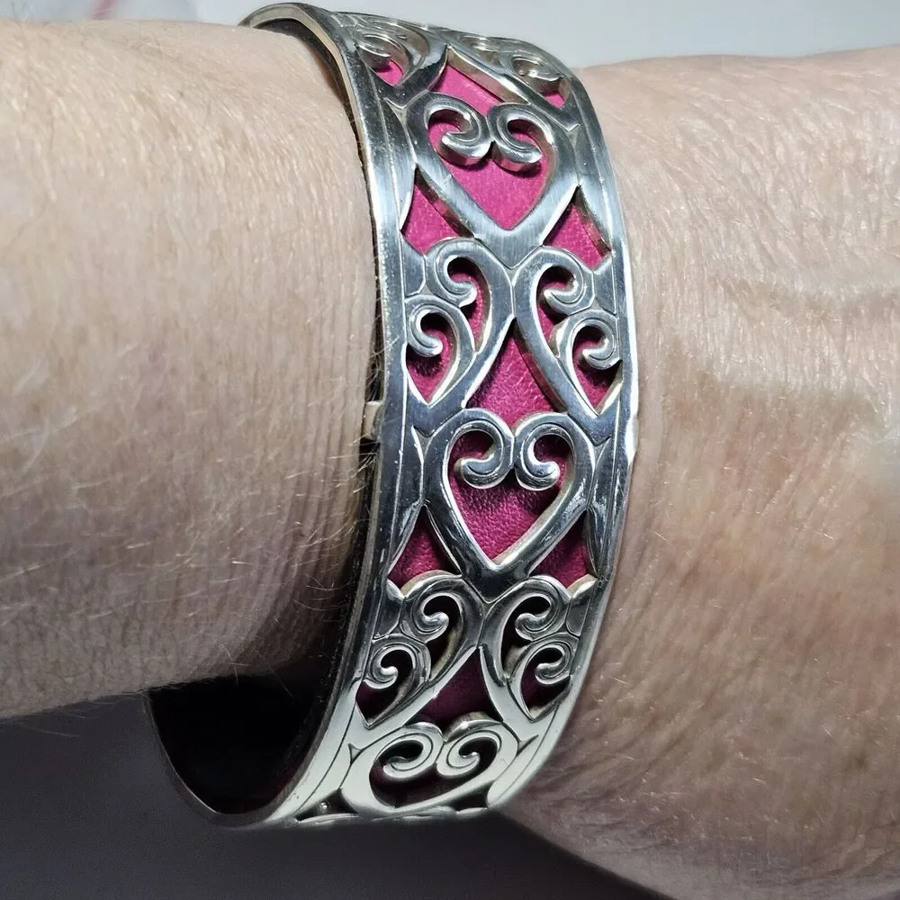 Brighton Christo Madrid Narrow Silver Plated Cuff Bracelet Pink Red Leather 7" - Picture 5 of 16